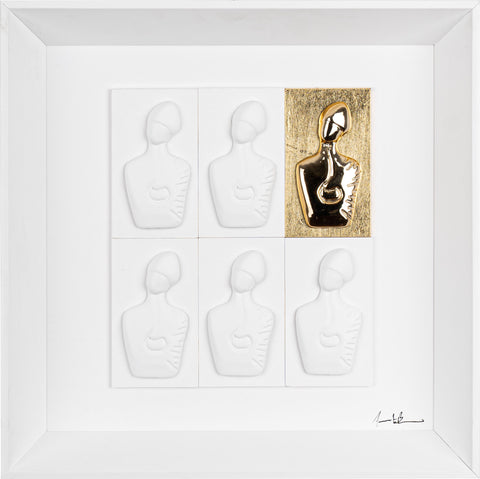 Il nuovo San Gennaro - sculture in resina colorata bianca e una oro su cartoncini bianchi e uno foglia oro quadro fondo bianco (vers.30x30)