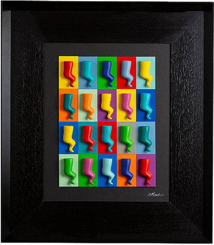 Horns - colored sculptures on a black background with colored cardboard and an Italian handcrafted frame