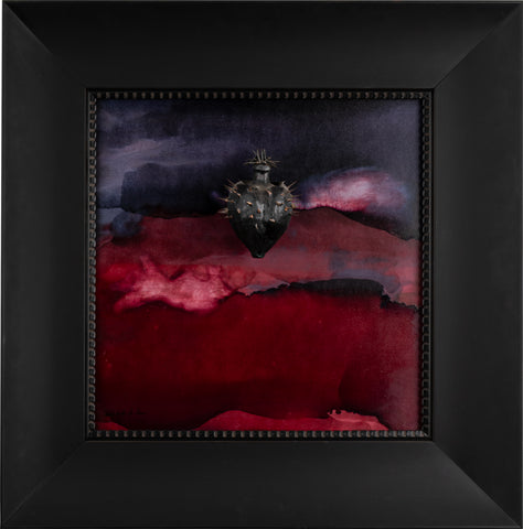 Nigrum Cordis - wooden sculpture with iron thorns and nails on a dark pink background protected by an Italian handcrafted frame (72x72)