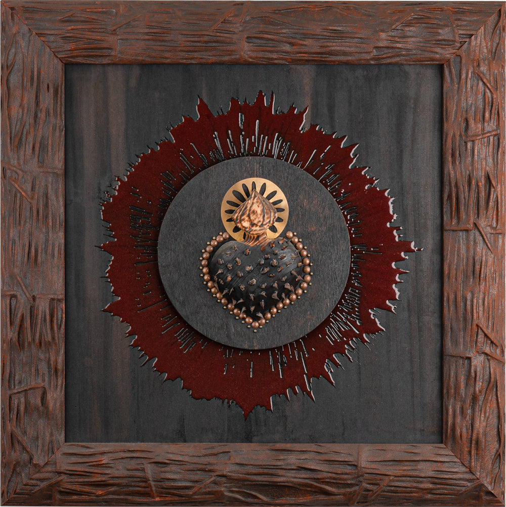 Nigrum Cordis - wooden sculpture with iron thorns and nails on dark orange background frame with Italian handcrafted frame (48x48)