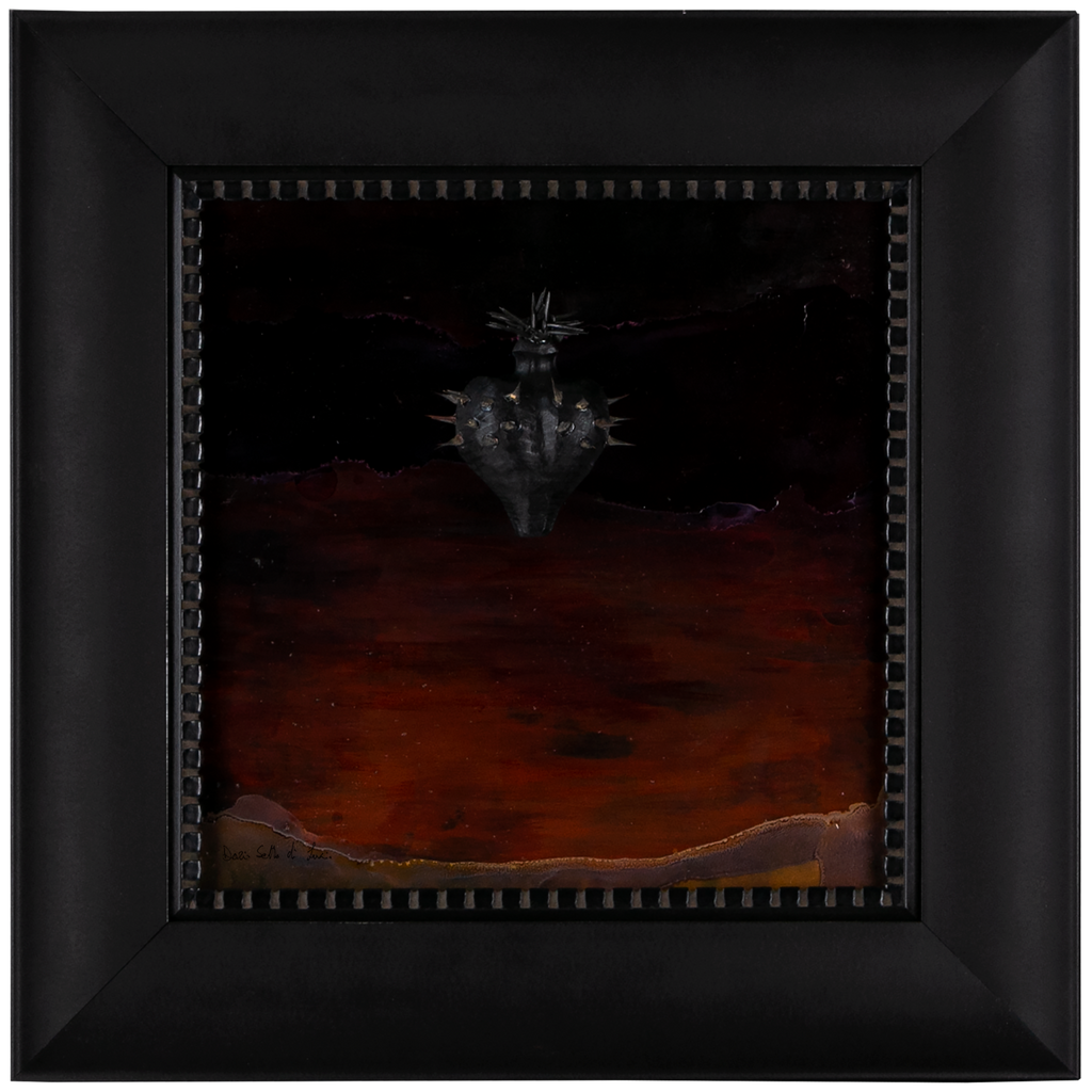 Nigrum Cordis - wooden sculpture with iron thorns and nails on dark orange background frame with Italian handcrafted frame (48x48)