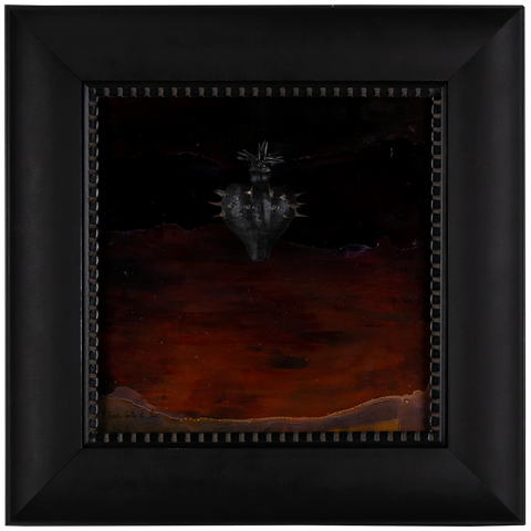 Nigrum Cordis - wooden sculpture with iron thorns and nails on dark orange background frame with Italian handcrafted frame (48x48)