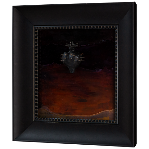 Nigrum Cordis - wooden sculpture with iron thorns and nails on dark orange background frame with Italian handcrafted frame (48x48)