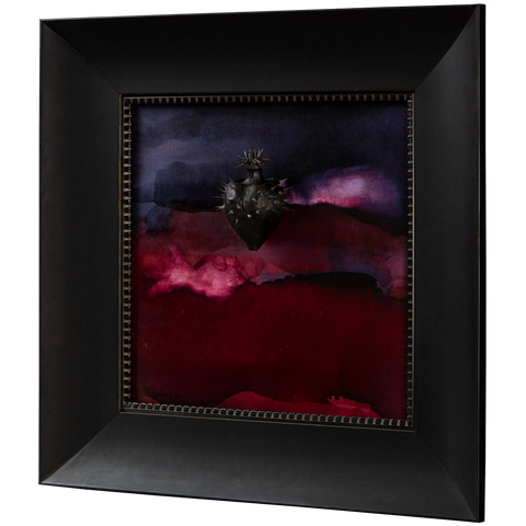 Nigrum Cordis - wooden sculpture with iron thorns and nails on a dark pink background protected by an Italian handcrafted frame (72x72)